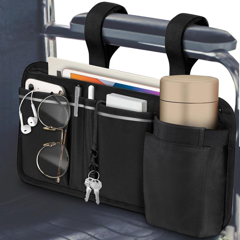 FINPAC Wheelchair Side Organizer Bag with Cup Holder, Wheelchair Armrest Accessories Pouch with Pen Slot and Reflective Strips for Power Wheelchairs, Walkers, Rollators, Adults, Seniors - Black - Image 1
